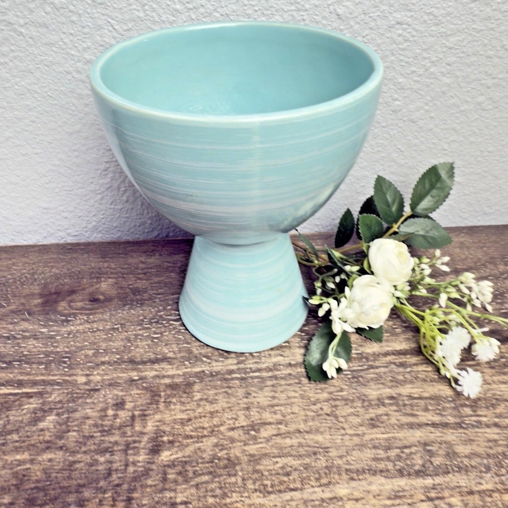 Vintage McCoy Aqua Pedestal Planter Turquoise Pottery‎ Compote MCM